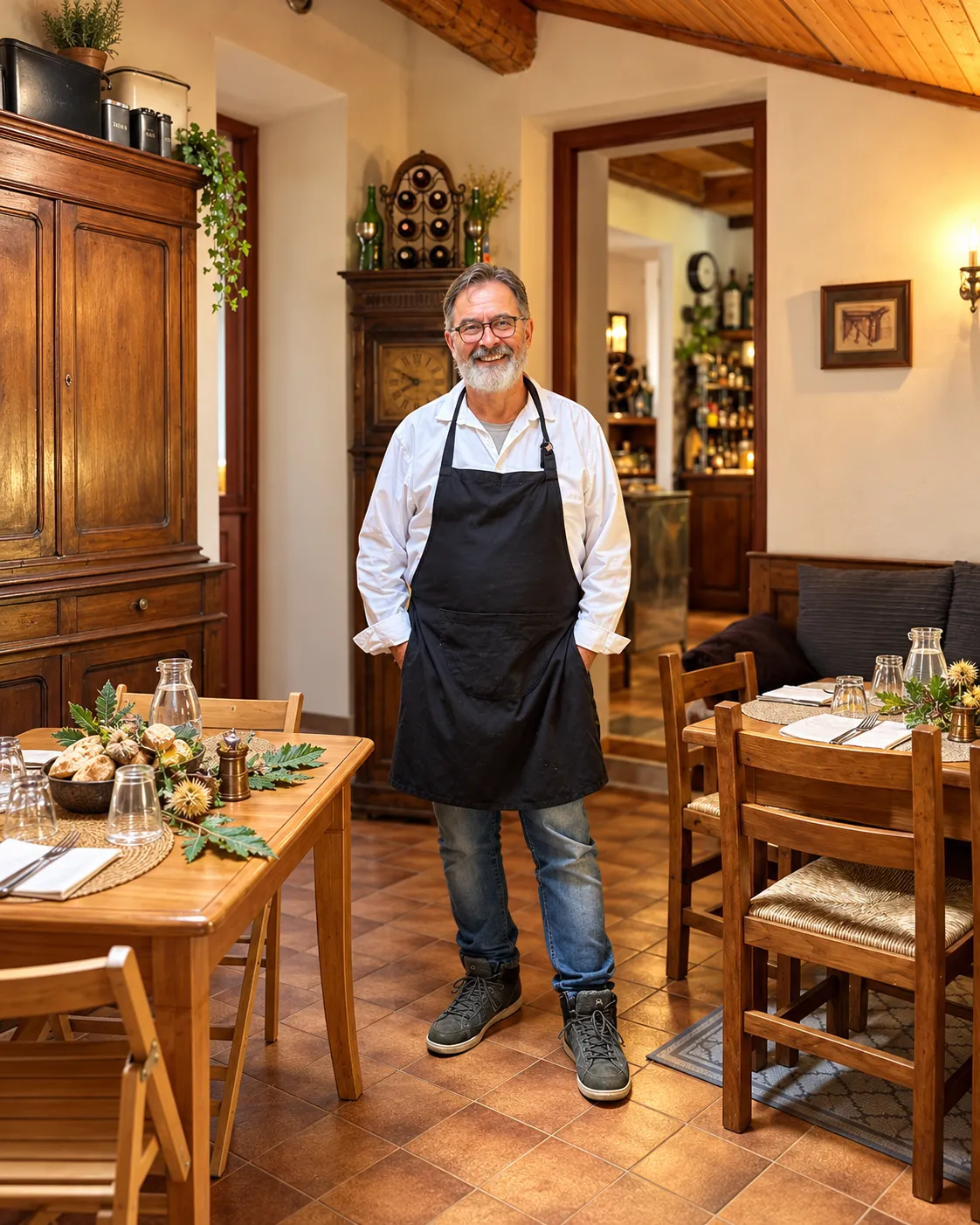 Aldo Steccanella in his apron, in a rustic dining room
